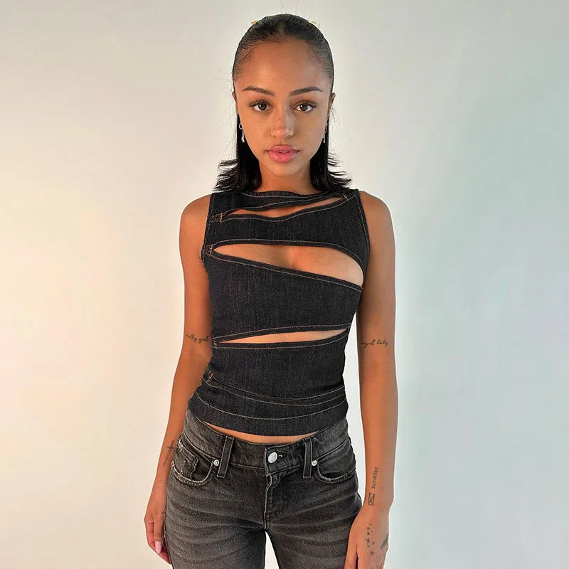 Hollow Out Denim Oneck Cami Top