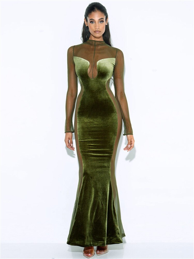 O Elegant Arm Dresses Fashion Full-Length Through Fall Party Gown Club Neck for Outfits Sexy - Long Mesh Patchwork See Women