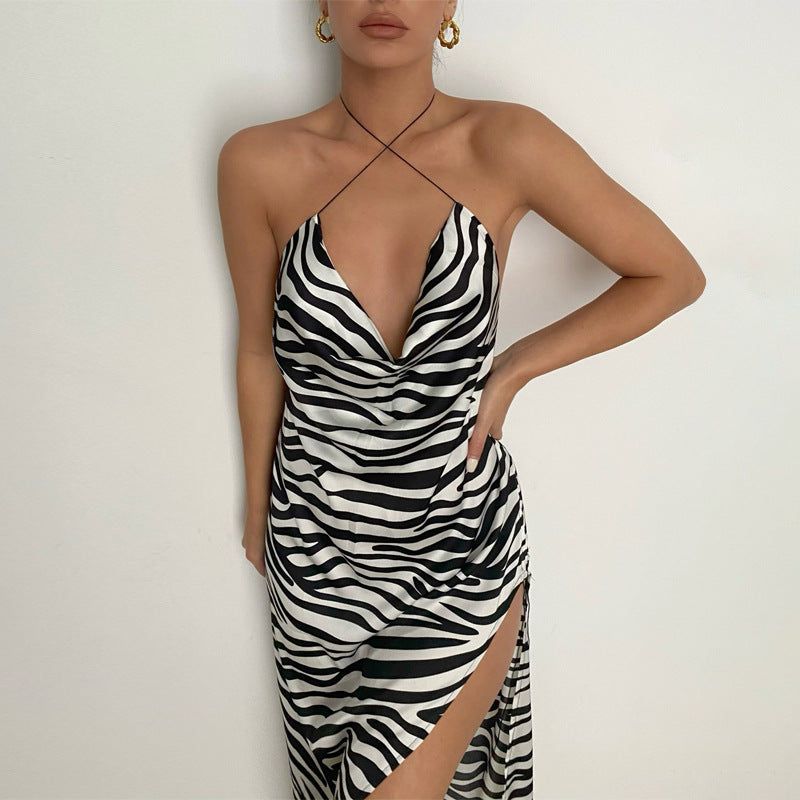 Zebra Halter Cowl Neck Zebra Print Satin High Slit Bodycon Maxi Dress