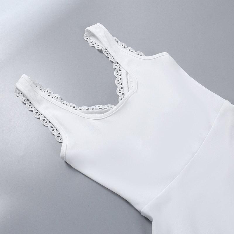 White V-Neck Lace Trim Strap Pleated Bust A-Line Mini Dress
