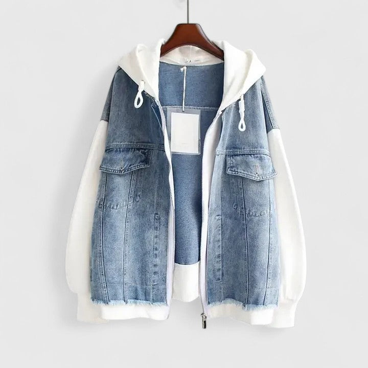 Hooded Denim Contrast Sleeve Zip Front Pocket Jacket 2