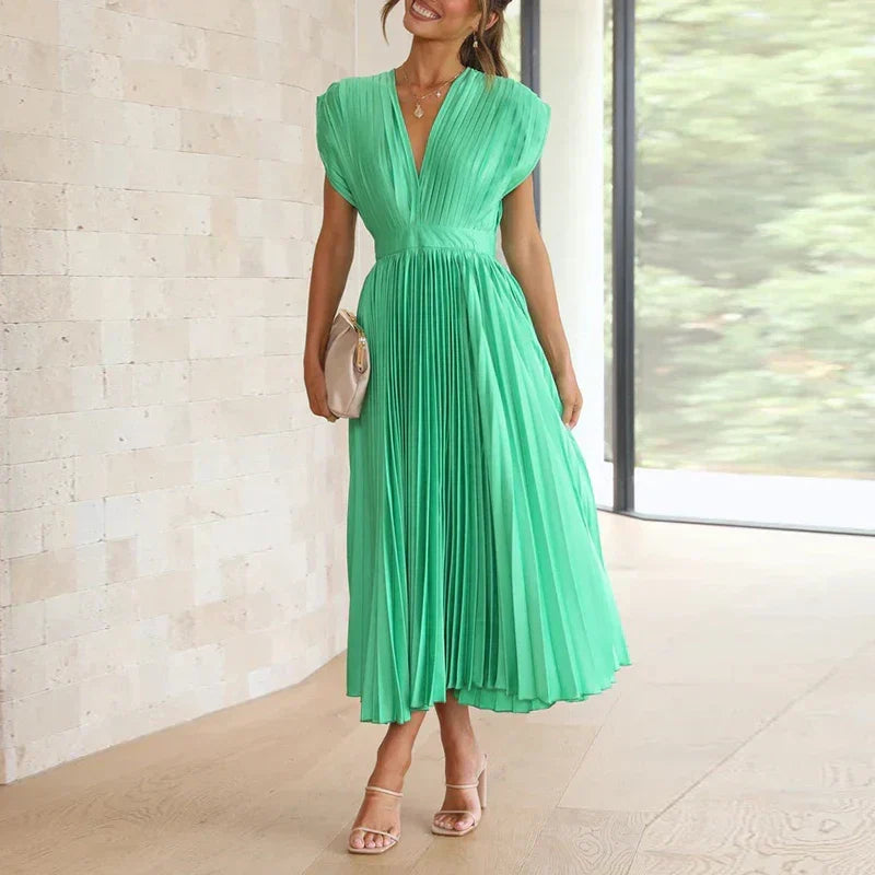 V-Neck Cap Sleeve Pleated Satin A-Line Midi Dress 2