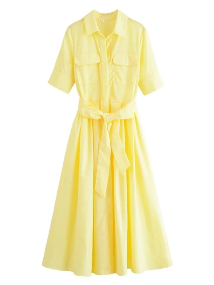 Collar Short Sleeve Chest Pocket Belted A-Line Shirt Dress 5