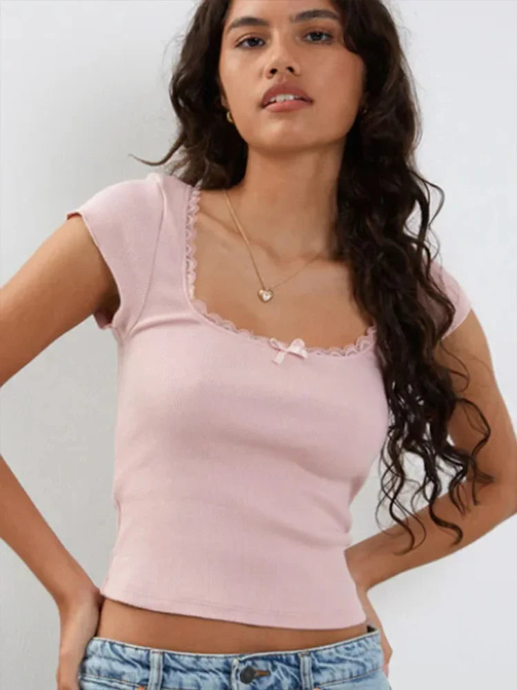 Lace Trim Knitted Cottage Baby Tee Crop Top