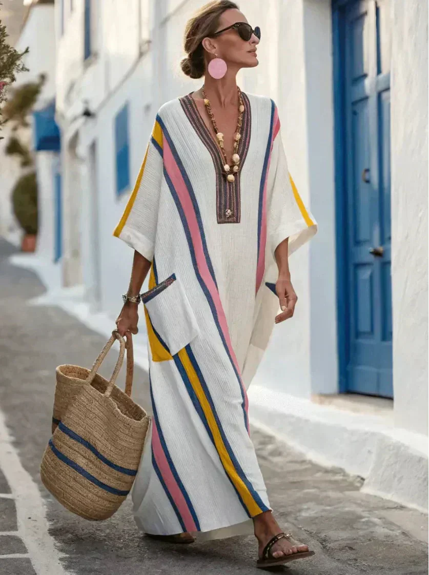 V-Neck Striped Trim Linen Kaftan Maxi Dress 5