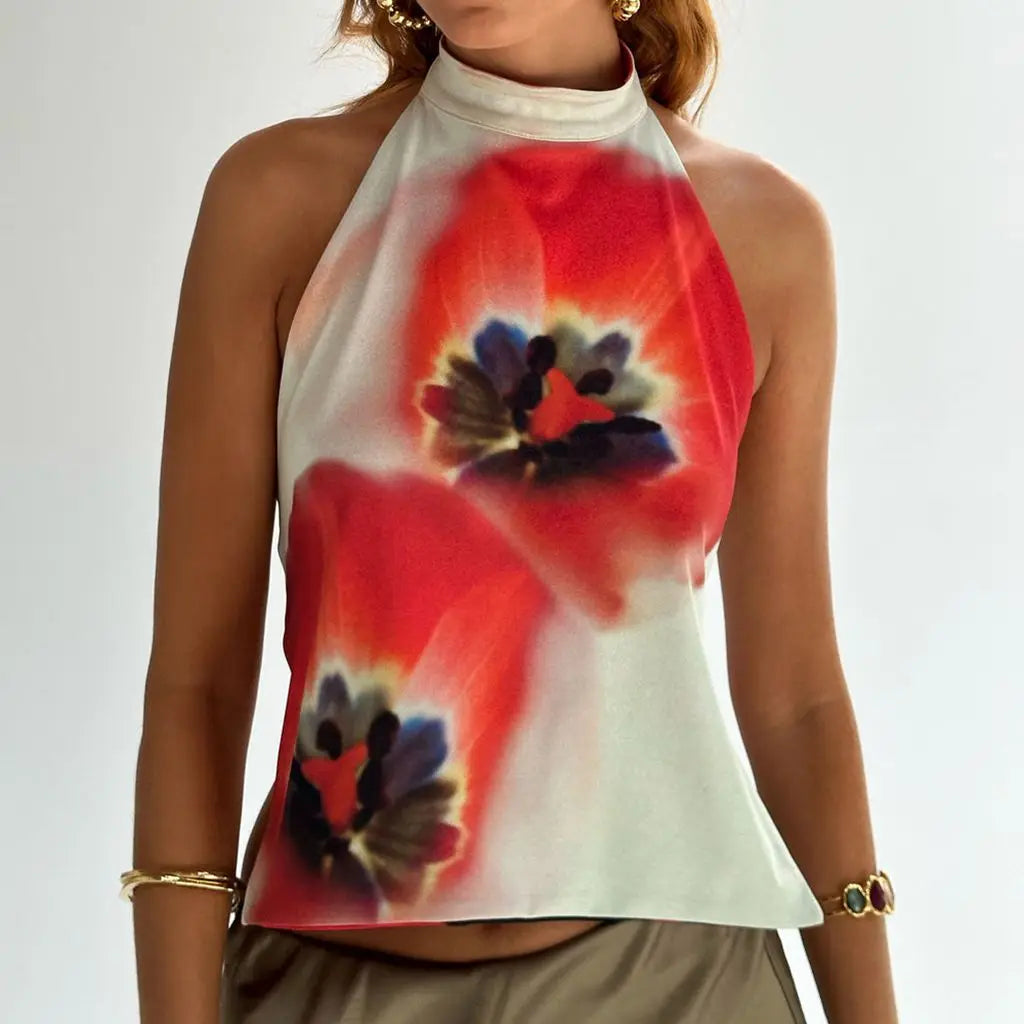 Y2K Button Closure Halter Backless TieDye Cami Top