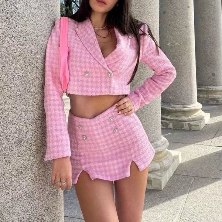 Pink Double Breasted Houndstooth Tweed Crop Blazer Mini Skirt Set