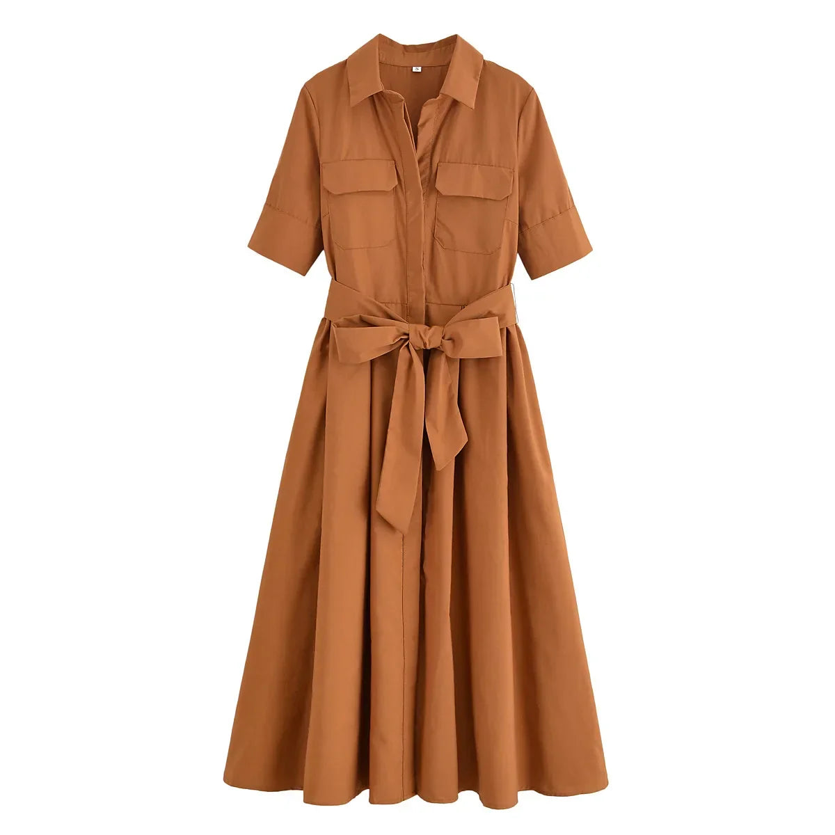 Collar Short Sleeve Chest Pocket Belted A-Line Shirt Dress 13