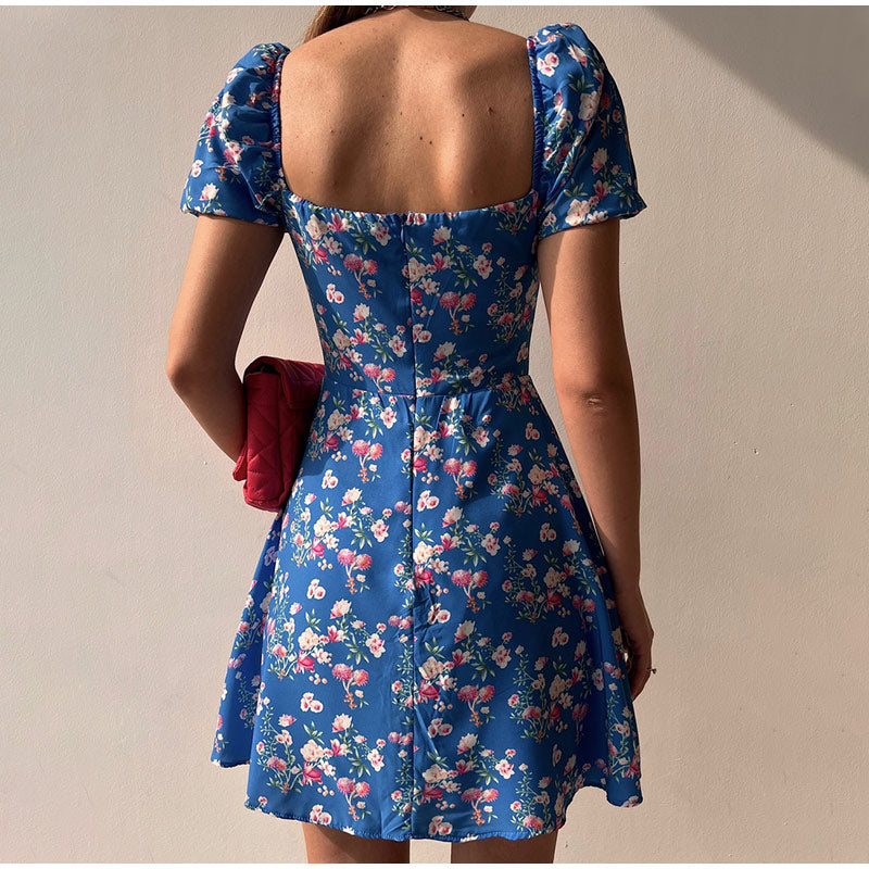 Waist Arm A-Line Puff Women’s V-Neck High Flowered Dress S / Orange Dresses