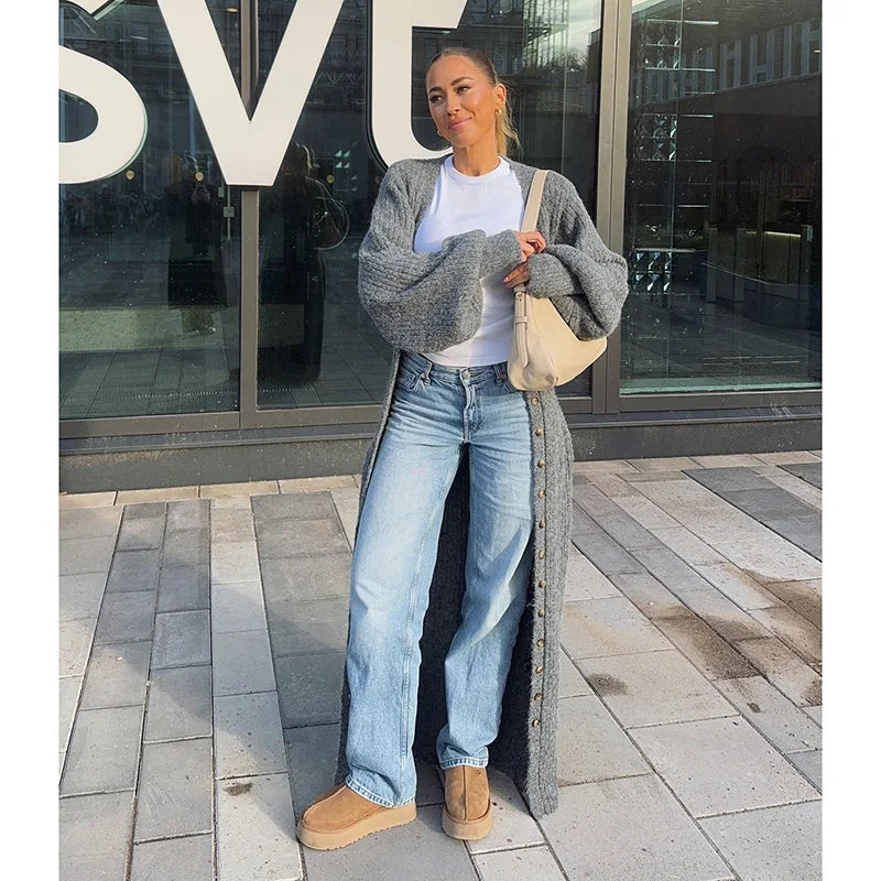 Elegant Modest Knitted Long Dress Loose Buttons Sweater Cardigans 2025 Fall Commuter Lady Fashionable Trendy Casual Woman Wear