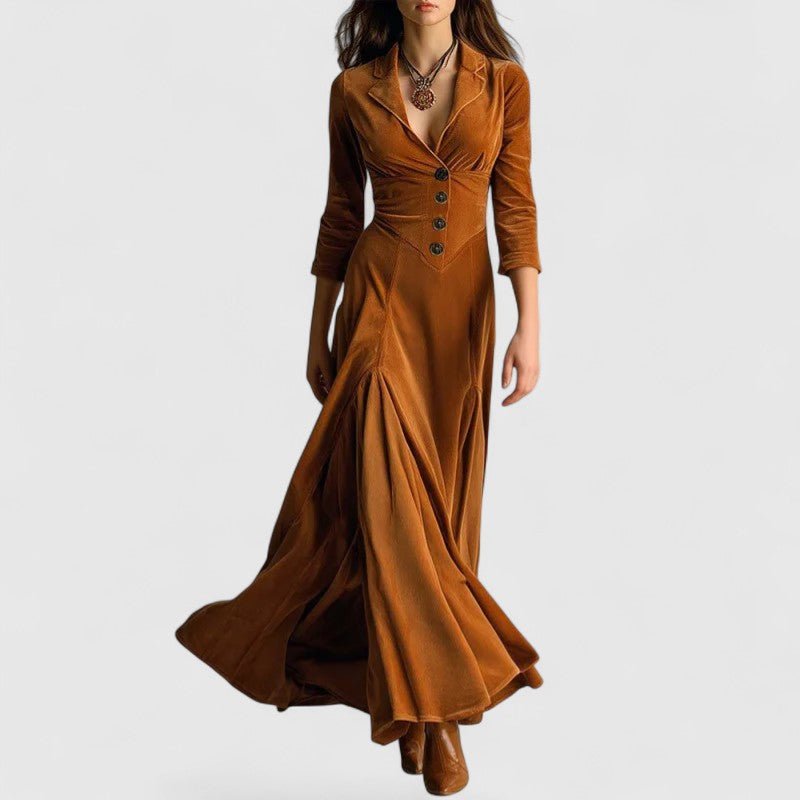 Rust Brown Lapel Collar Velvet Button Front Long Sleeve Fit-and-Flare Maxi Dress