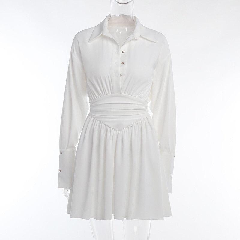 White Collared V-Neck Sheer Long Sleeve Ruched Waist Shirt Mini Dress