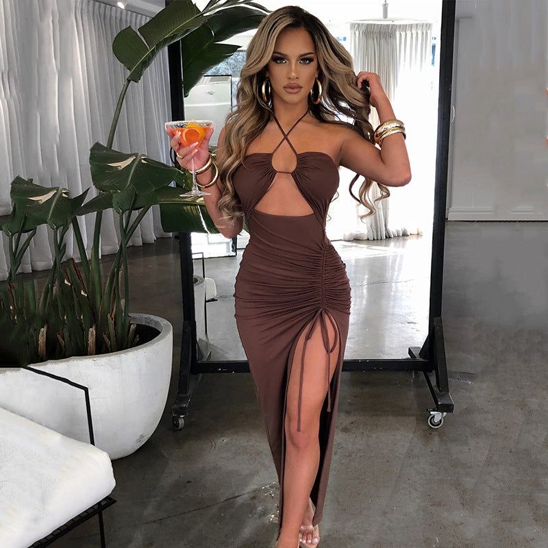 Halter Cross Strap Cutout Ruched High Slit Bodycon Maxi Dress 7