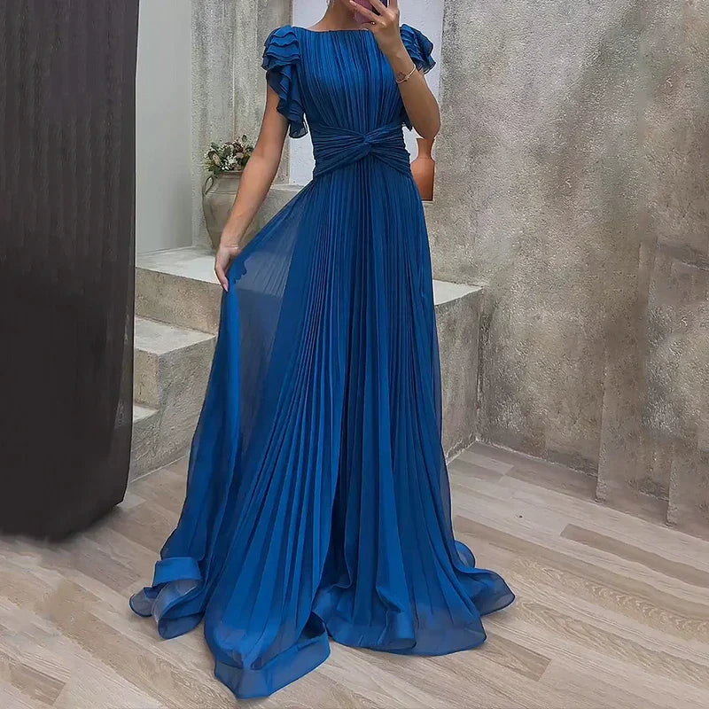Round Neck Ruffle Sleeve Pleated Twist Front A-Line Maxi Gown 2