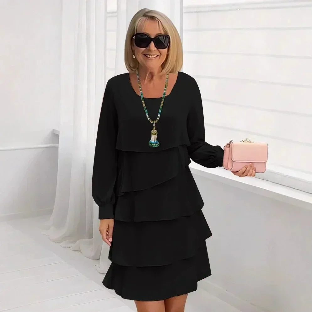 Round Neck Long Sleeve Tiered Ruffle Layered A-Line Midi Dress 3