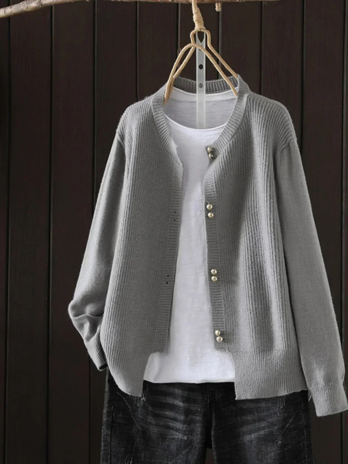 Round Neck Ribbed Knit Pearl Button Long Sleeve Cardigan