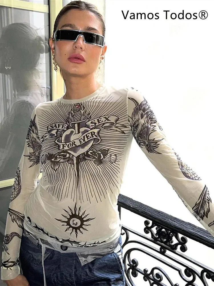 Gothic Graphic Full Sleeve Sheer Top