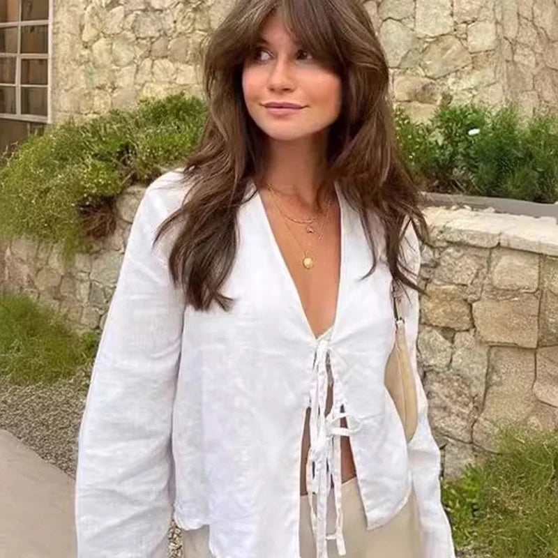 Loose Laceup Bow Vneck Flare Sleeve Blouse