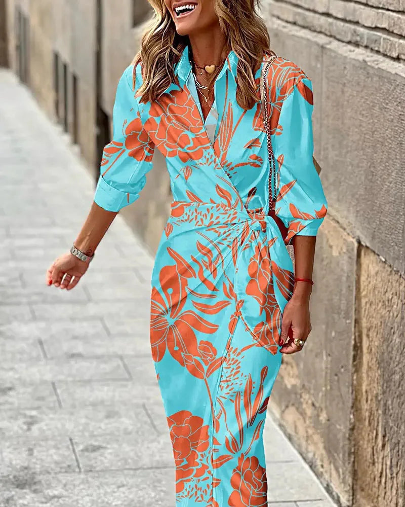 Collared Geometric Print Long Sleeve Twist Waist Bodycon Midi Dress