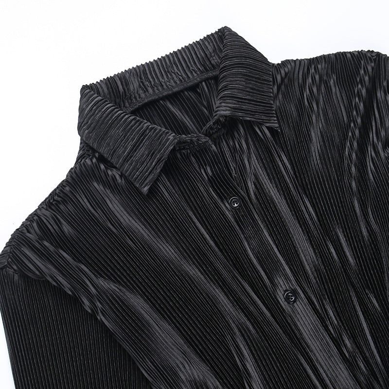 Collared Long Sleeve Pleated Button Up Shirt Mini Dress