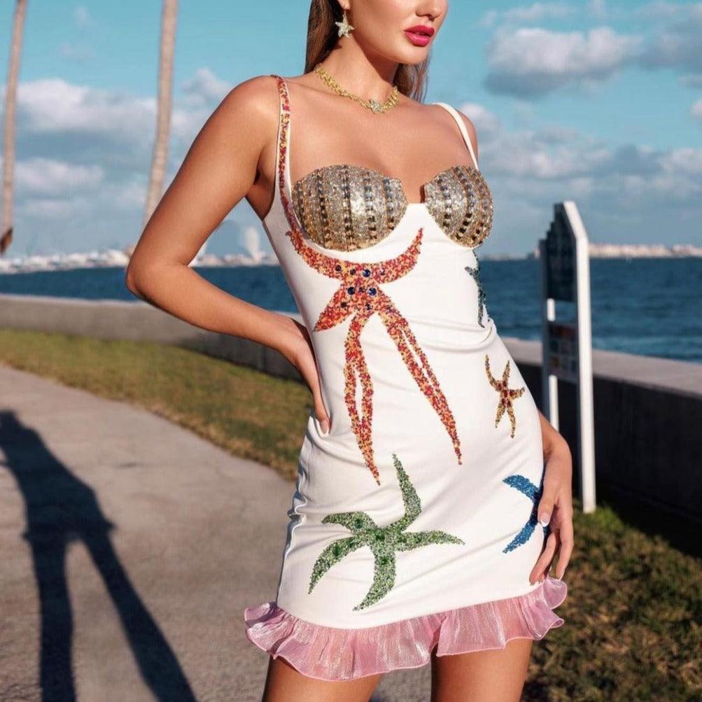 White Strap Beaded Bust Sequin Starfish Ruffle Hem Bodycon Mini Dress