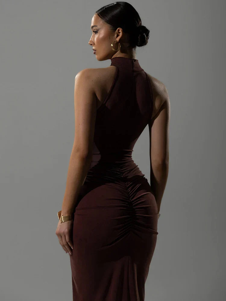 Ruched Halter Split Maxi Dress