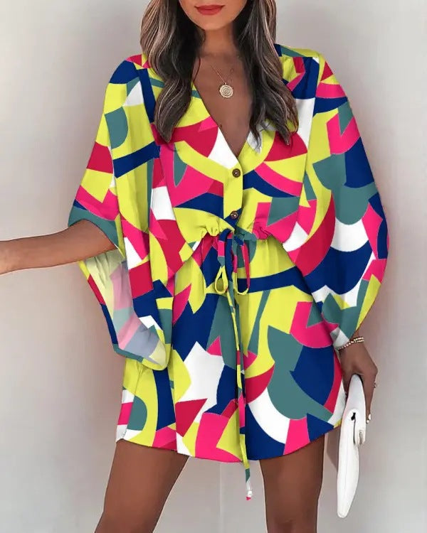 Casual Flora Print Batwing Sleeve LaceUp Dress