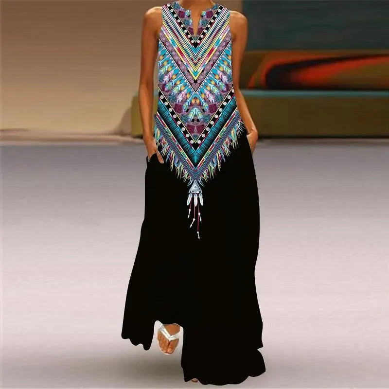 Split Neck Butterfly Print Sleeveless Pocket A-Line Maxi Dress