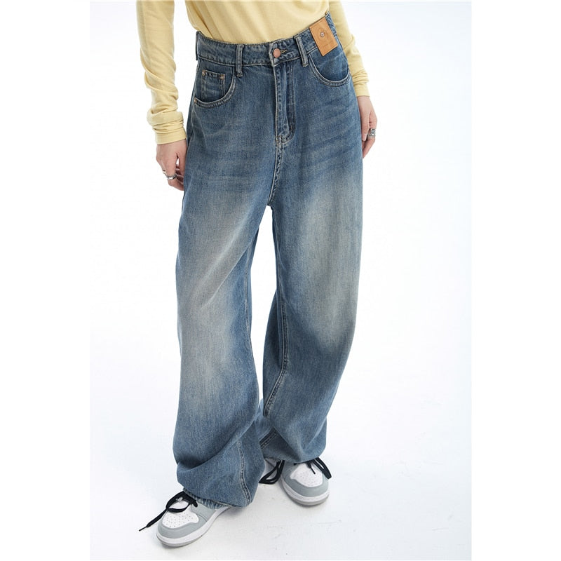 Contrasting Wide Colors for Pants Jeans High Blue Waist Leg with Women