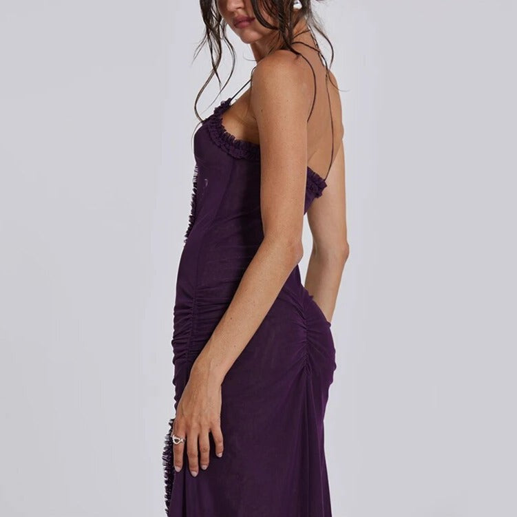Strappy Ruffle Trim Cutout Printed Mesh Ruched Bodycon Maxi Dress