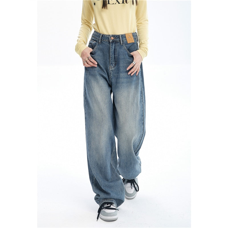 Contrasting Wide Colors for Pants Jeans High Blue Waist Leg with Women