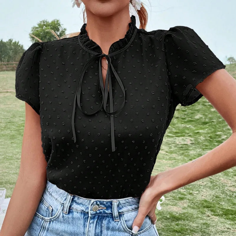 Summer Office Casual Bow Tie Collar Blouse