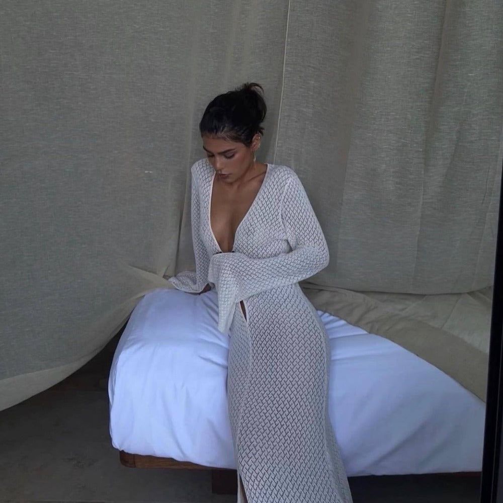 White V-Neck Pointelle Knit Flared Sleeve Maxi Dress 4
