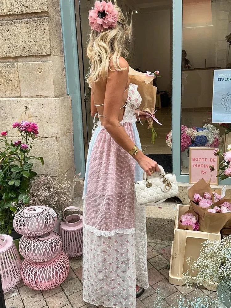 Elegant Print Lace Patchwork Spaghetti Strap Dress Women Halter Backless Sleeveless Dresses Summer Lady Sweet High Street Robe