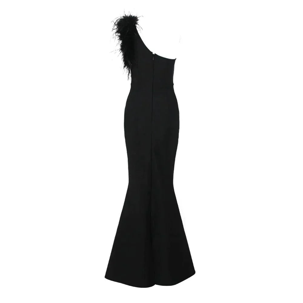 Black One Shoulder Feather Trim Mermaid Maxi Gown 8