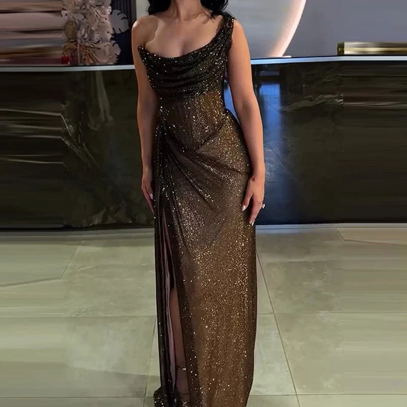 Sequin Asymmetric Off Shoulder Maxi Dress