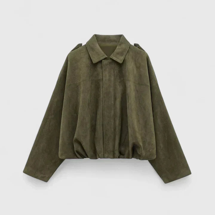 Collared Suede Zip Front Drop Shoulder Oversized Jacket