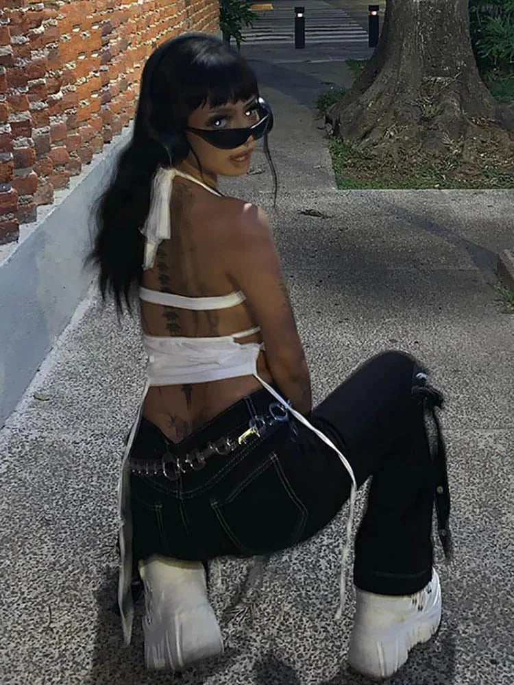 White Hollow Halter Crop Top
