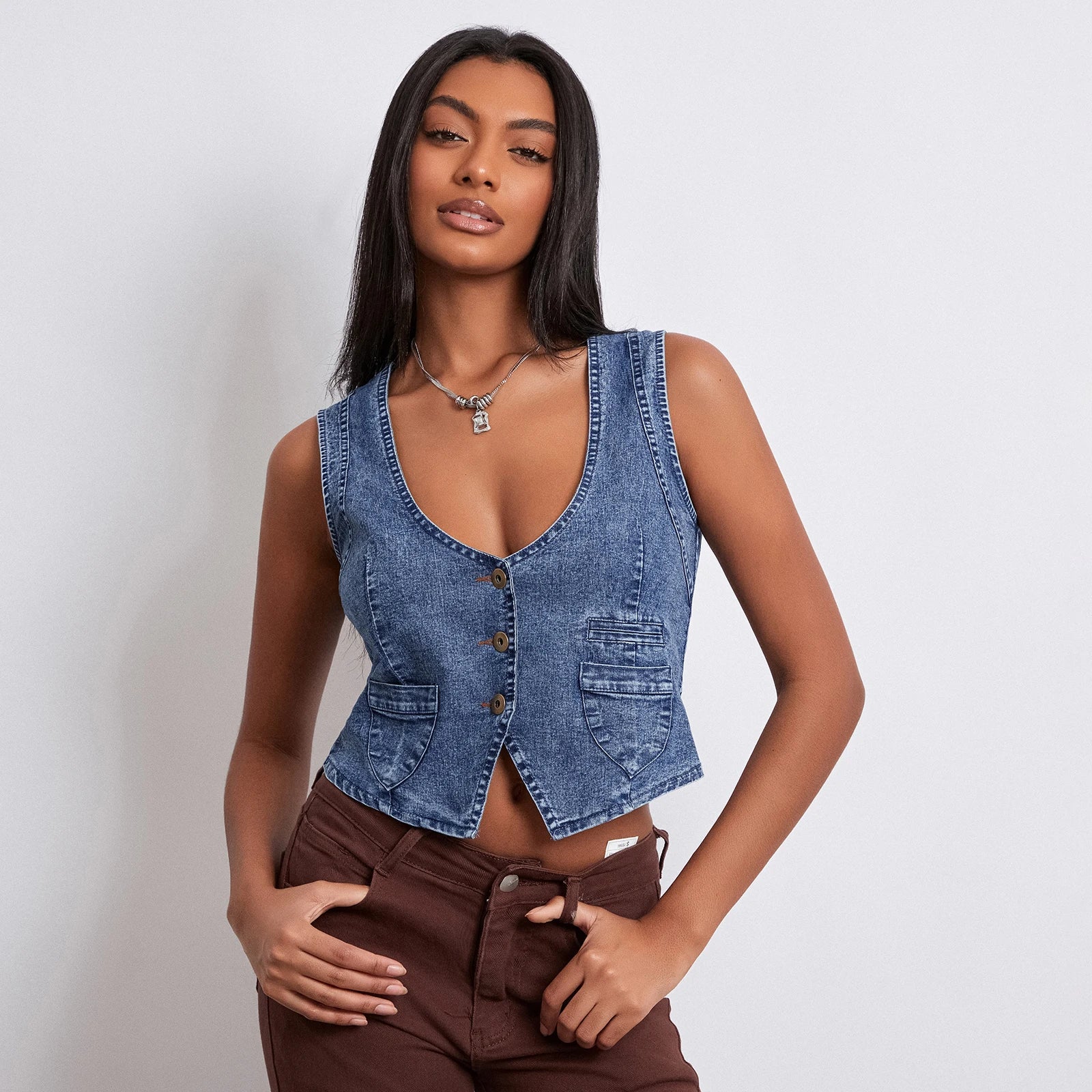 Y2K Vintage Denim VNeck Button Down Irregular Cami Top