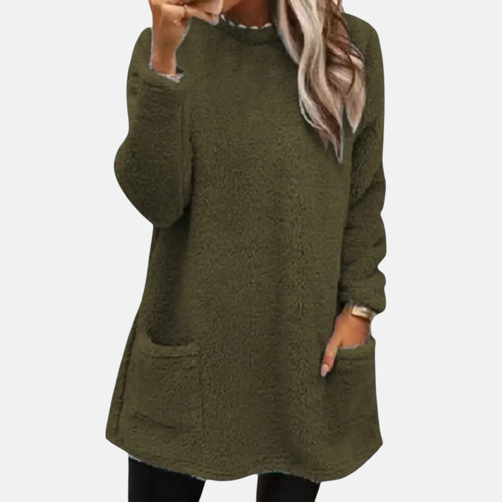 Round Neck Fuzzy Fleece Long Sleeve Pocket Tunic Sweater