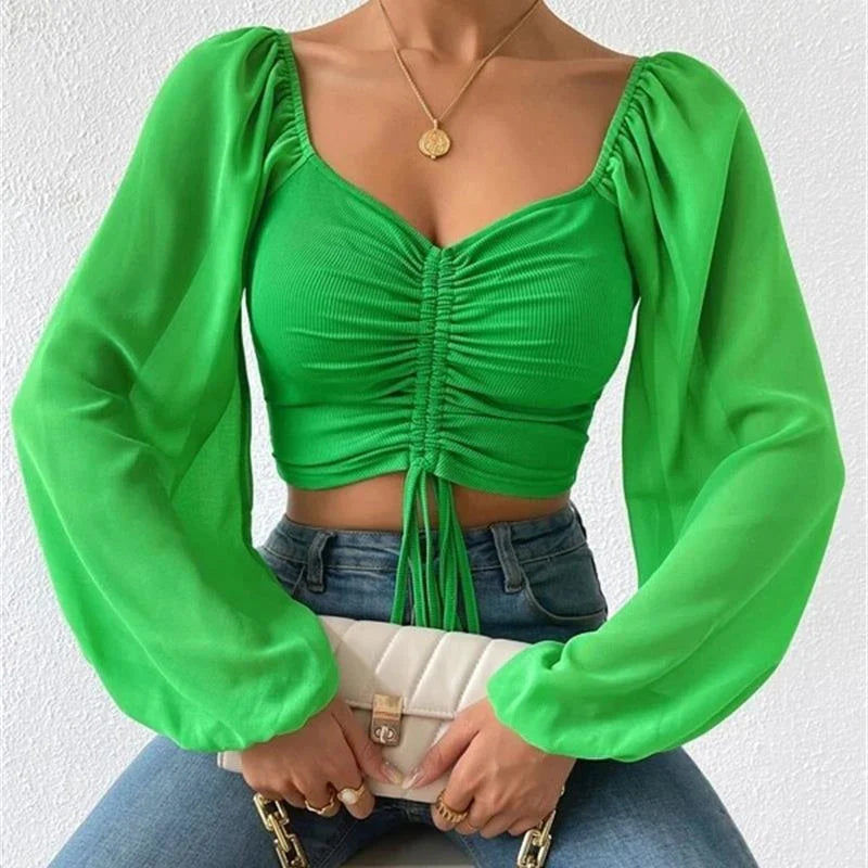 VNeck Drawstring Bandage Sheer Top