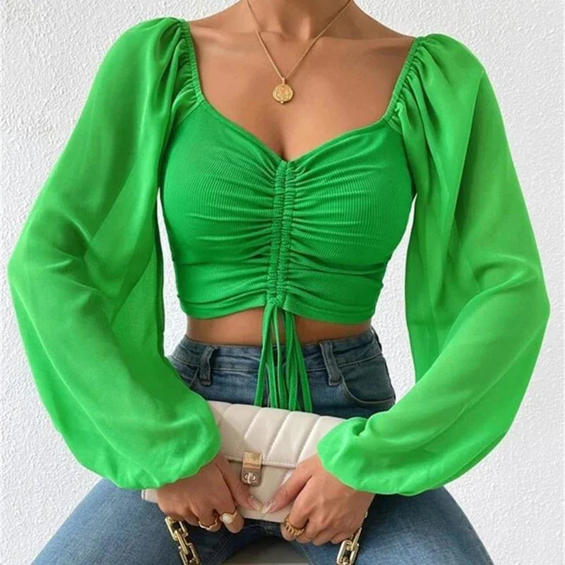 VNeck Drawstring Bandage Sheer Top