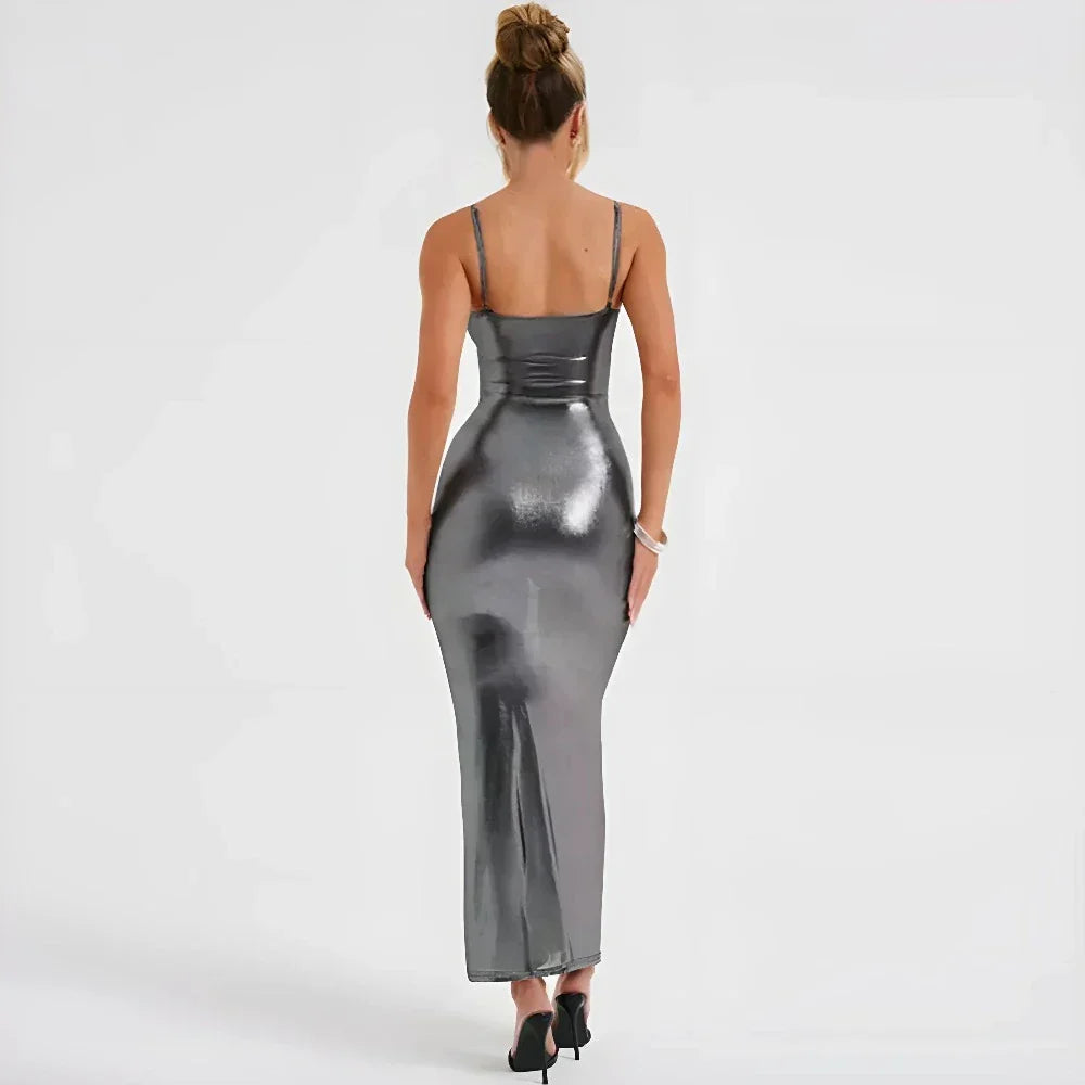 Spaghetti Strap Scoop Neck Metallic Satin Bodycon Maxi Dress 7
