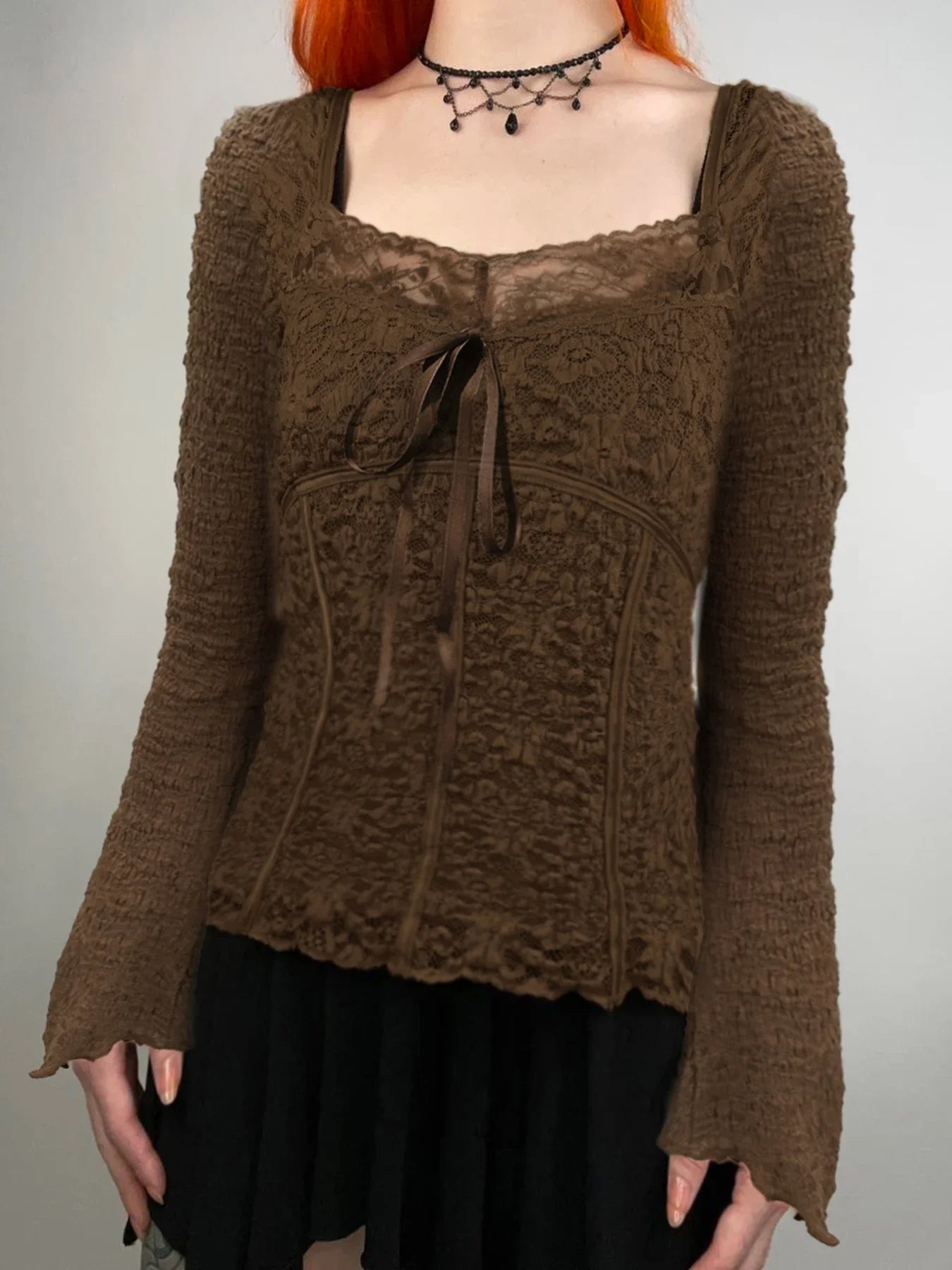 Lace Trim VNeck Slim Brown Long Sleeve Crop Top