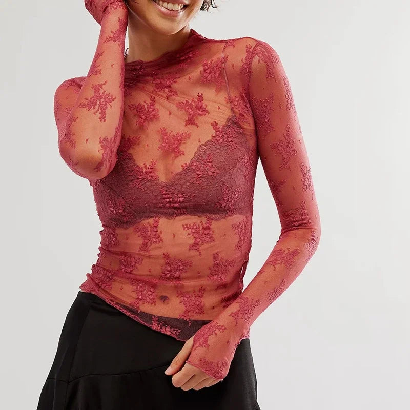 Sexy Mesh Long Sleeve Sheer Top