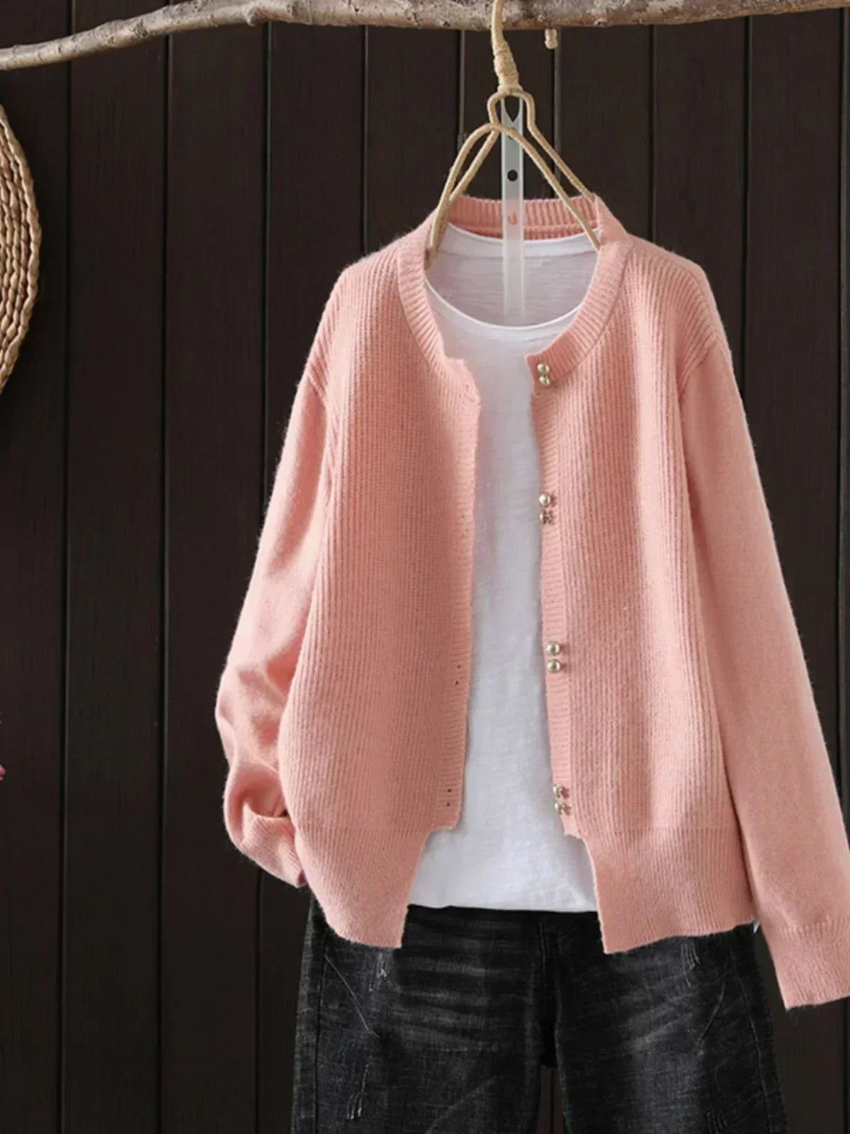 Round Neck Ribbed Knit Pearl Button Long Sleeve Cardigan