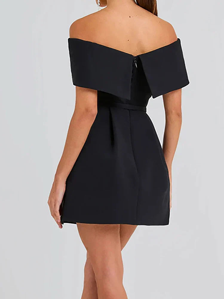 Belt Patchwork Short Sleeve Off The Shoulder Dress