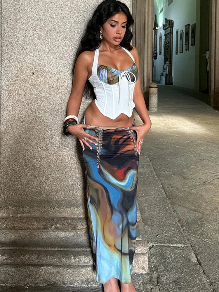 Laceup Print Maxi Skirt Knit Set