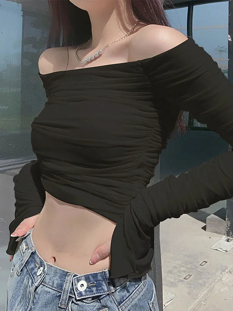 Mesh Patchwork Ruched OffShoulder Strapless