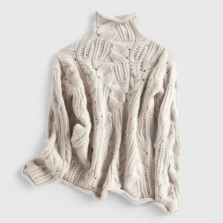Turtleneck Cable Knit Pointelle Long Sleeve Sweater